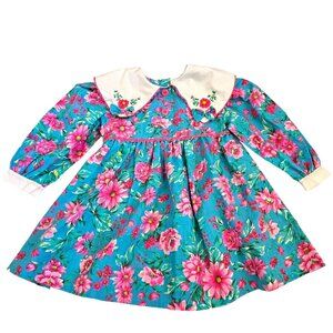 Vintage‎ 90s Girls 3T Party Dress Floral Teal Pink Collar Embroider Longsleeve